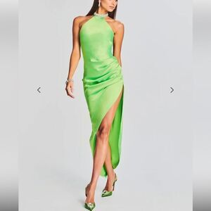 Retrofete Maria dress satin maxi lime green rhinestone collar high slit NWT S